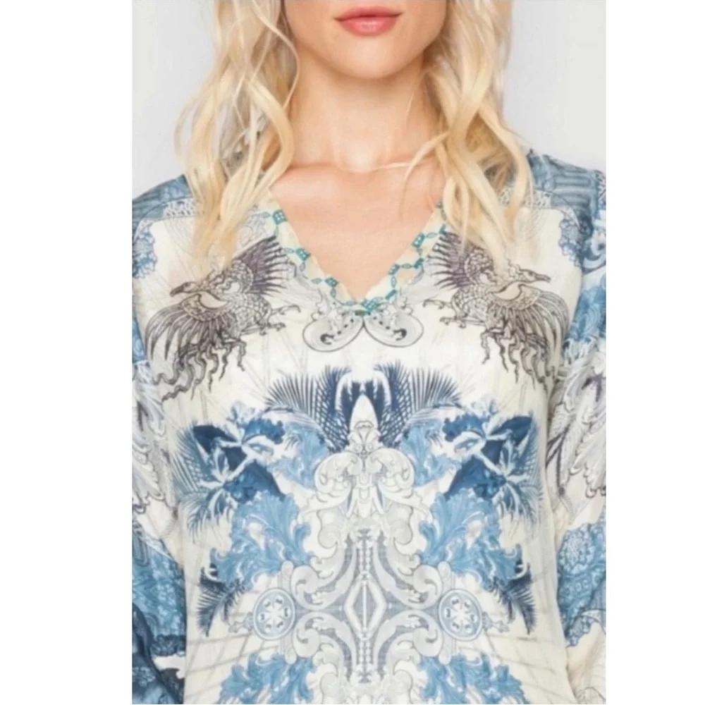 Johnny Was Bohemian Art to Wear Currency Print Silk Tunic Top Size Medium - Picture 4 of 17
